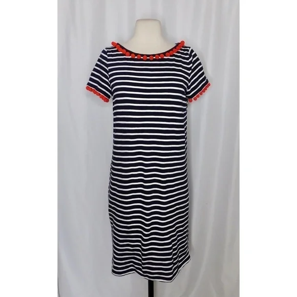 BODEN Bridget Jersey Knit Dress Navy White Stripe Red Pom Poms Shift Size 6 - Picture 3 of 16